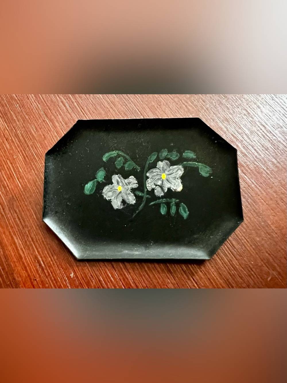 Vtg Miniature Toleware Metal Tray Brooch Pin Hand-Painted Black & Flowers